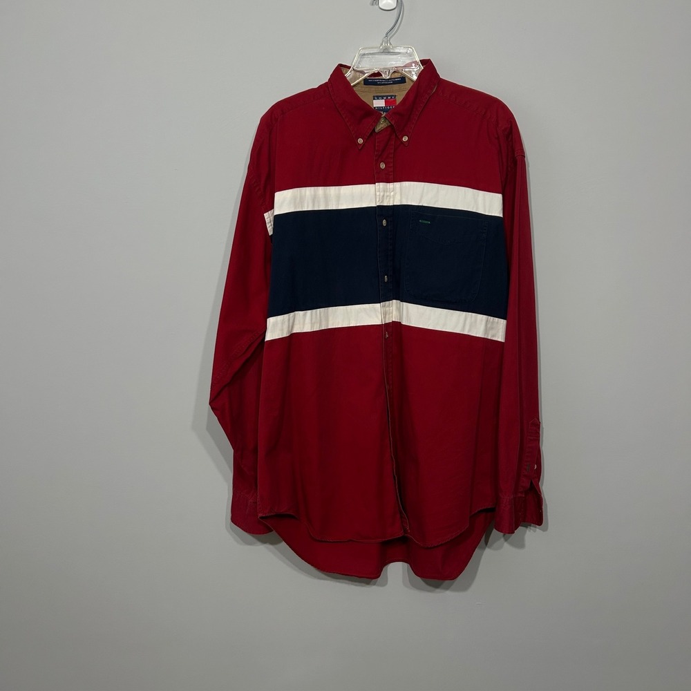 Tommy Hilfiger Button Down Shirt‎ Mens XL Red Navy White Stripe Vintage Good